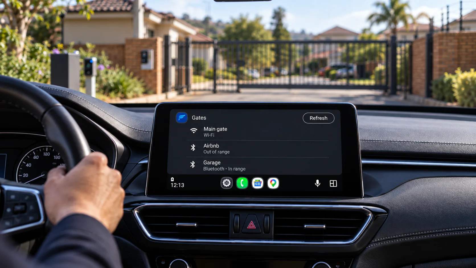The Fluss+ Gates list on an Android Auto screen, showing Main gate on Wi-Fi, Airbnb out of range, and Garage on Bluetooth, with a gate ahead through the windscreen