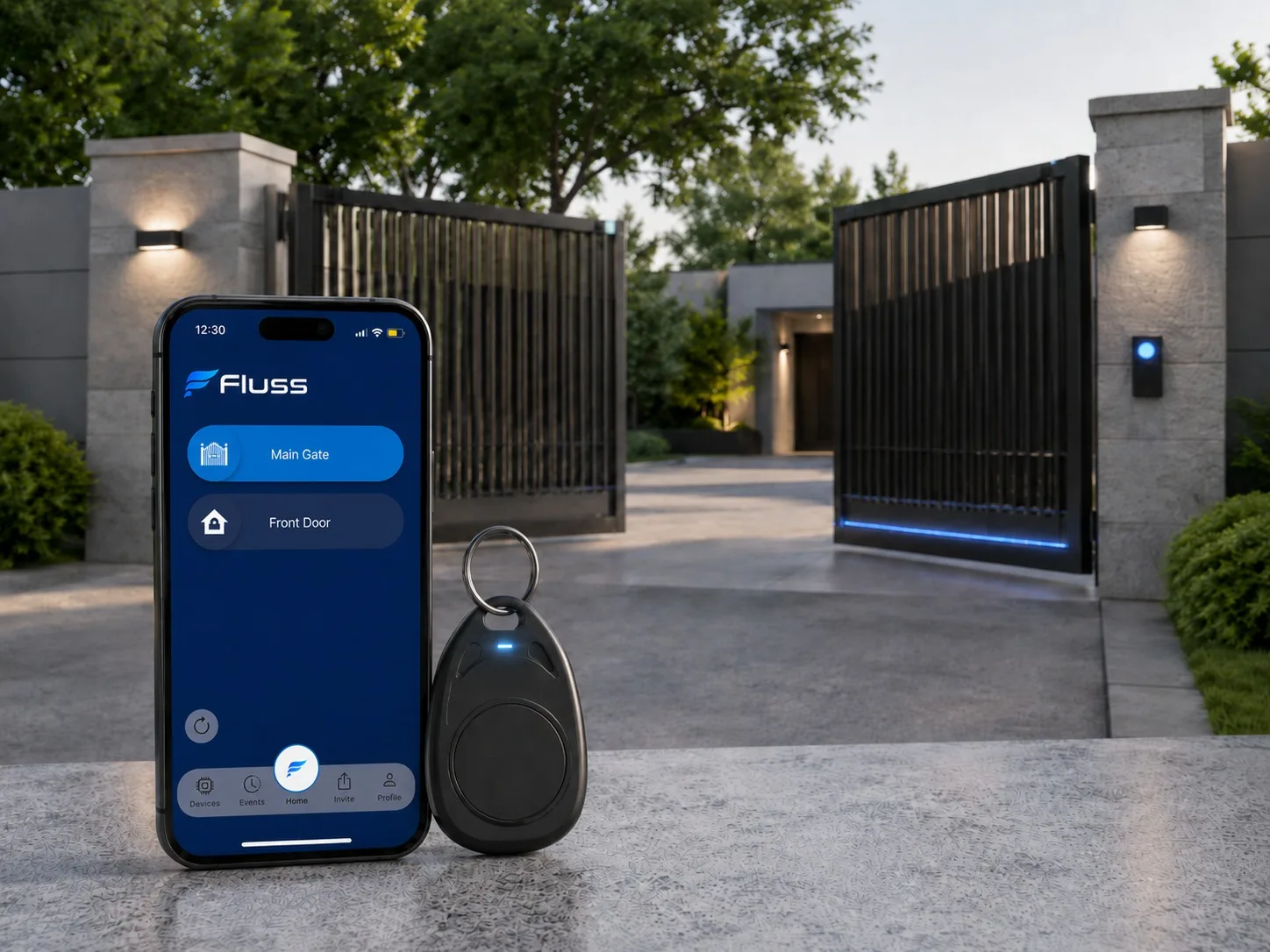 Phone running the Fluss app next to a remote fob in front of a motorised gate