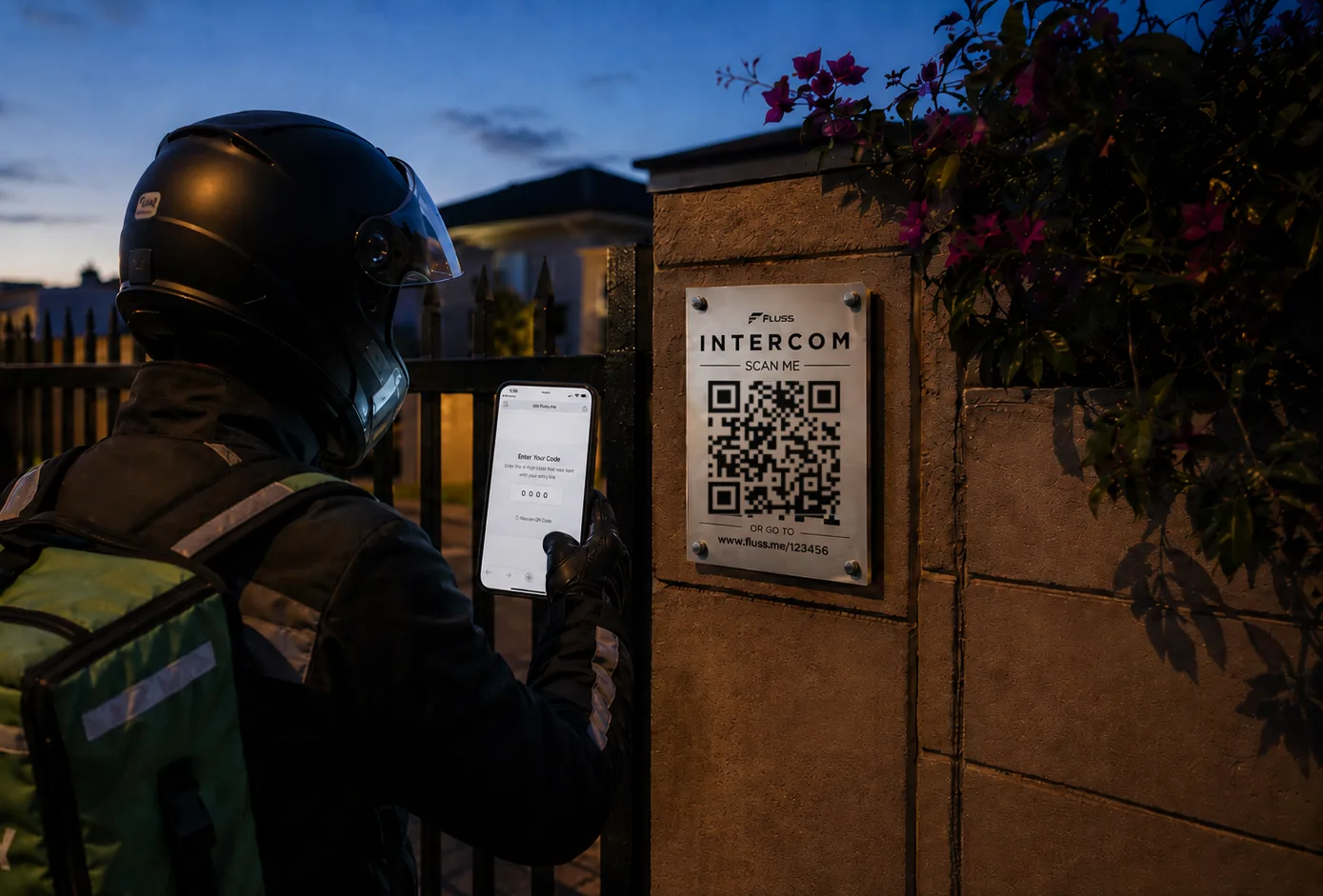 Visitor scanning a Fluss+ Intercom QR code at a complex entrance gate