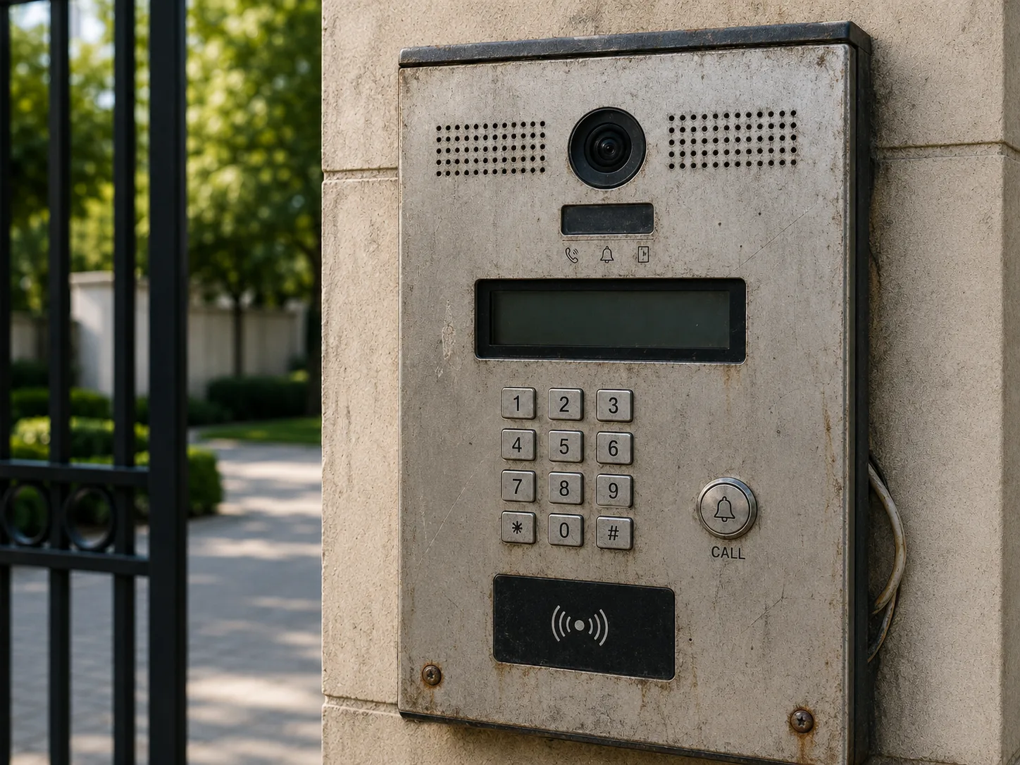 Weathered legacy keypad and intercom access panel at a property gate