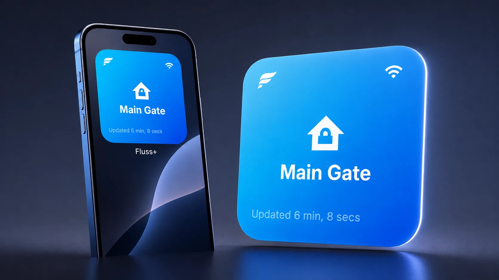 A Fluss widget on an iPhone home screen, mid-tap
